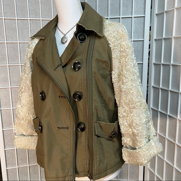 Anthropologie Hei Hei Olive Green Utility Cream Sequin 3/4 Sleeves Jacket - Picture 4 of 9